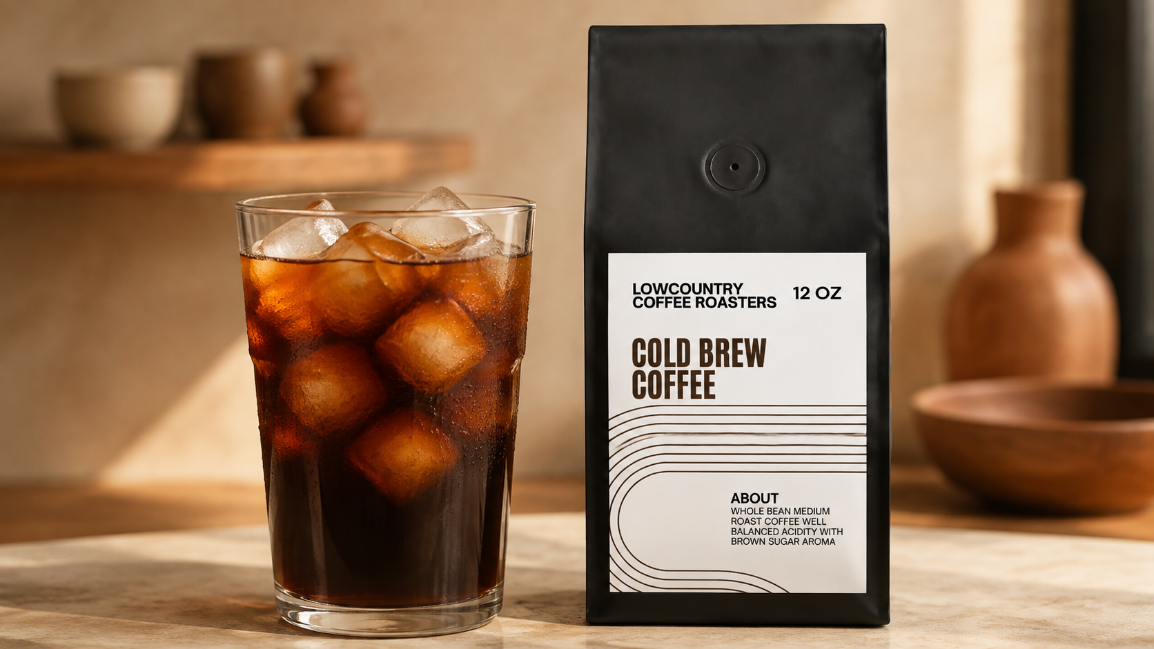 Iced cold brew coffee and LowCountry Cold Brew Coffee bag
