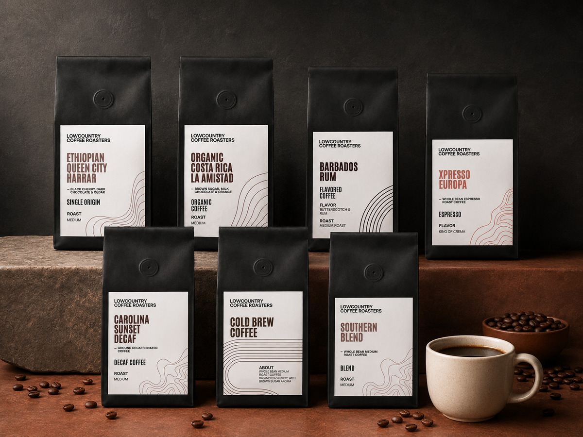 LowCountry coffee bags, beans and cup